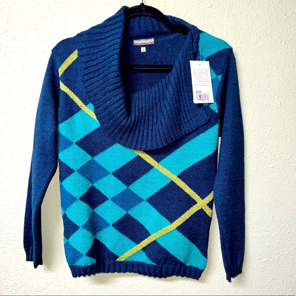 NWT blue wool/cotton/poly blend split cowl neck…